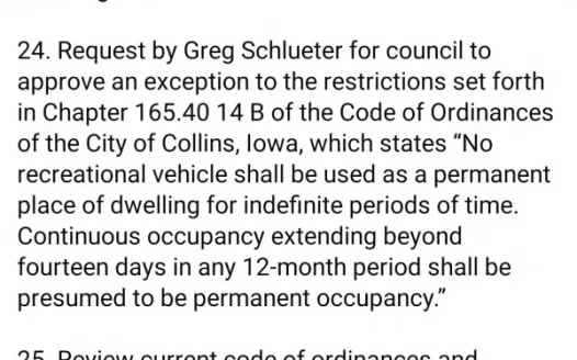 Collins Iowa residents against changing code 165.40 14B (Code of ordinance -in regard to RV's allowed in Trailer park)