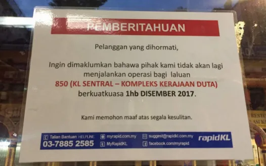 Teruskan operasi rapidKL laluan 850 (KL Sentral-Kompleks Jalan Duta)