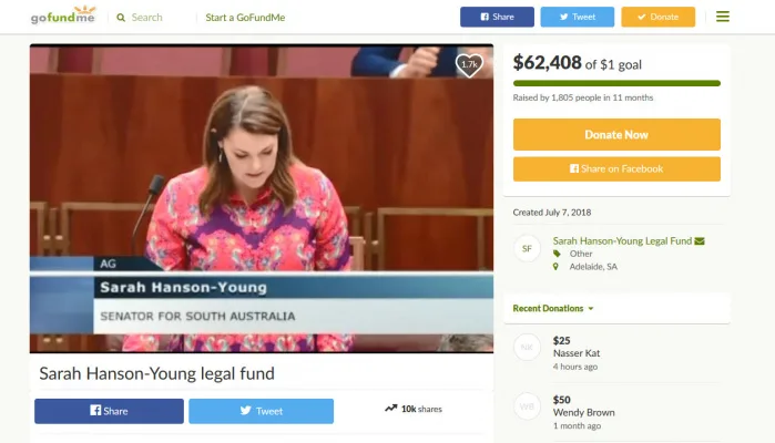 Remove Sarah Hanson-Young GoFundMe appeal