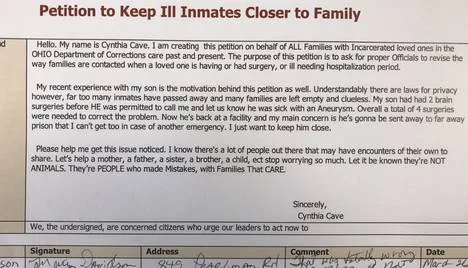 Petition to Keep Ill Inmates Closer to Family