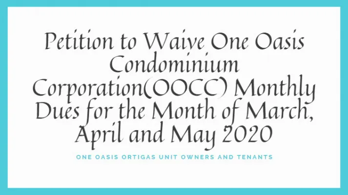 Petition to Waive OOCC Monthly Dues for the Month of March, April and May 2020