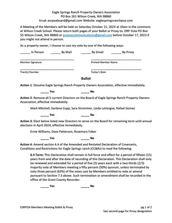 Eagle Springs Ranch POA Special Members Meeting