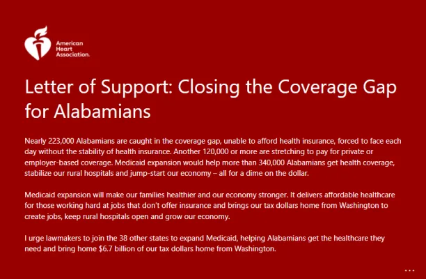 Letter of Support: Closing the Coverage Gap for Alabamians