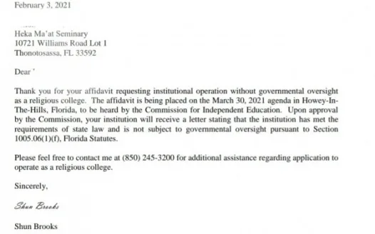 Approve Heka & Ma'at Seminary's Exemption