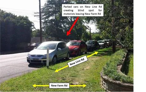 Implement a "No Parking" Zone with "No Queuing Across Intersection" Signs at the intersection of New Line and New Farm Roads, West Pennant Hills