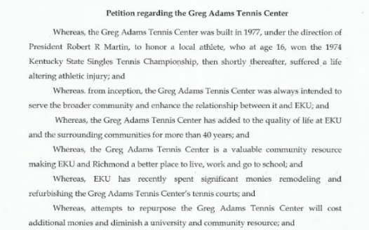 Petition Regarding the Greg Adams Tennis Center
