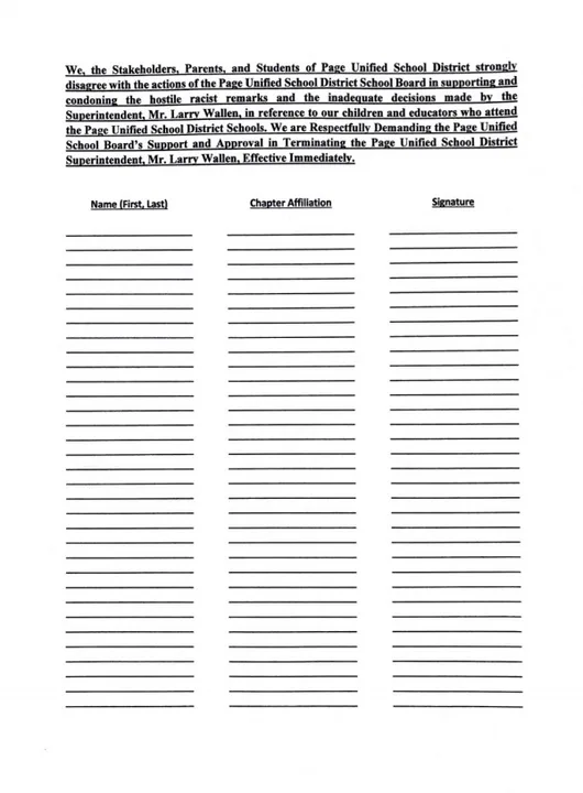 Demanding the Page Unified School District School Board to Terminate Superintendent Mr. Larry Wallen