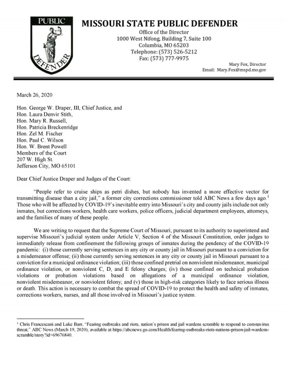 Call on the Missouri Supreme Court to Prevent a COVID-19 Public Health Crisis in Jails by Releasing People