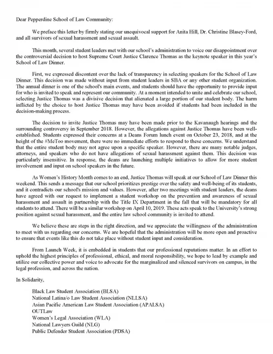 Pepperdine University School of Law Community in Opposition to the Invitation of Justice Thomas to the School of Law Dinner
