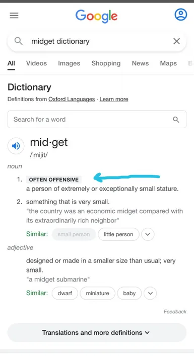 Removal of the derogatory term “midget”.