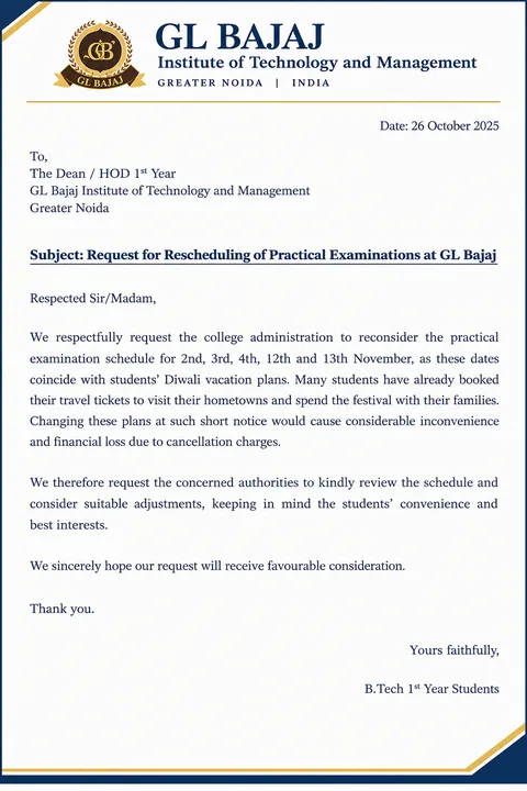 Rescheduling of practical exam at GL bajaj